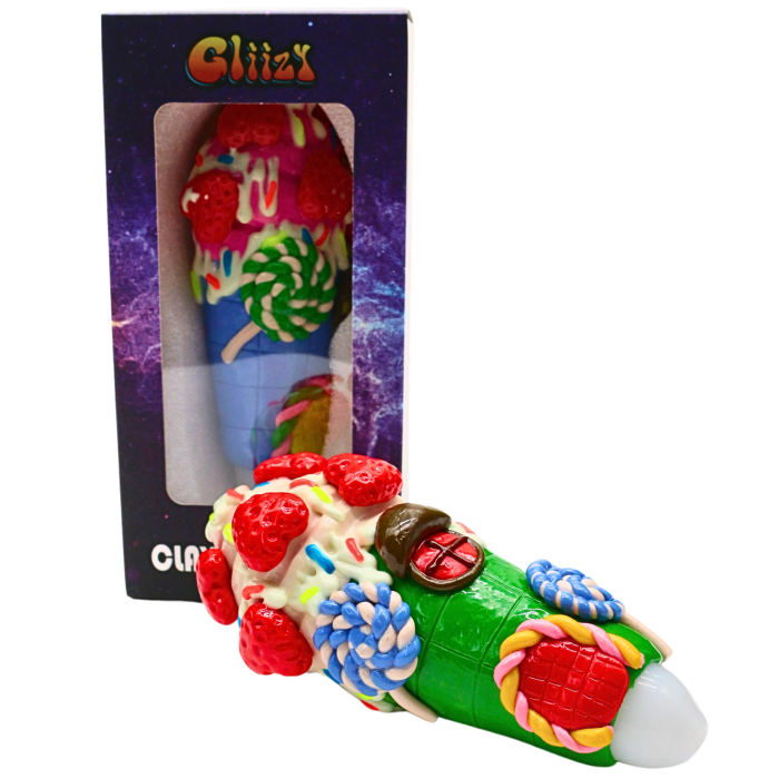 5" GLIIZY GLASS HAND PIPE CLAY WITH ICECREAM + STRAWBERRY DESIGN