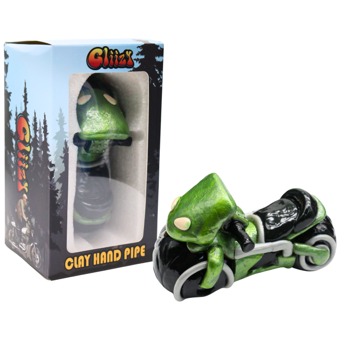 5" GLIIZY GLASS HAND PIPE CLAY MOTORCYCLE DESIGN 