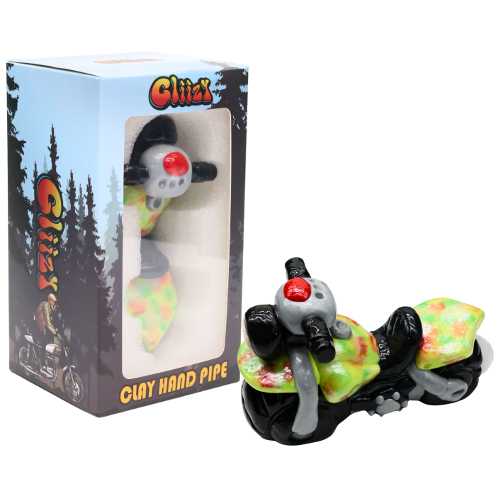 5" GLIIZY GLASS HAND PIPE CLAY SPORT MOTORCYCLE DESIGN