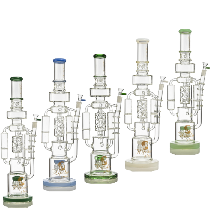 20" HIPSTER GLASS WATER PIPE WITH QUADRUPLE SPRING PERC AND TRIPLE CYLINDER SWISS CATHER TUBING ON BOWL STEM 1567GM